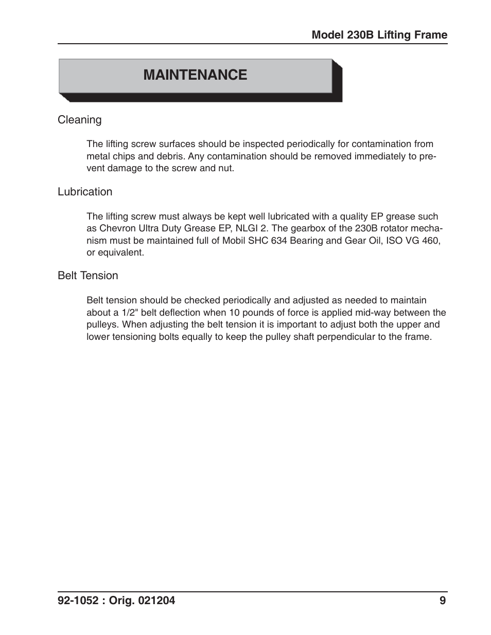 Maintenance | Tri Tool 230B Lifting Frame User Manual | Page 9 / 19