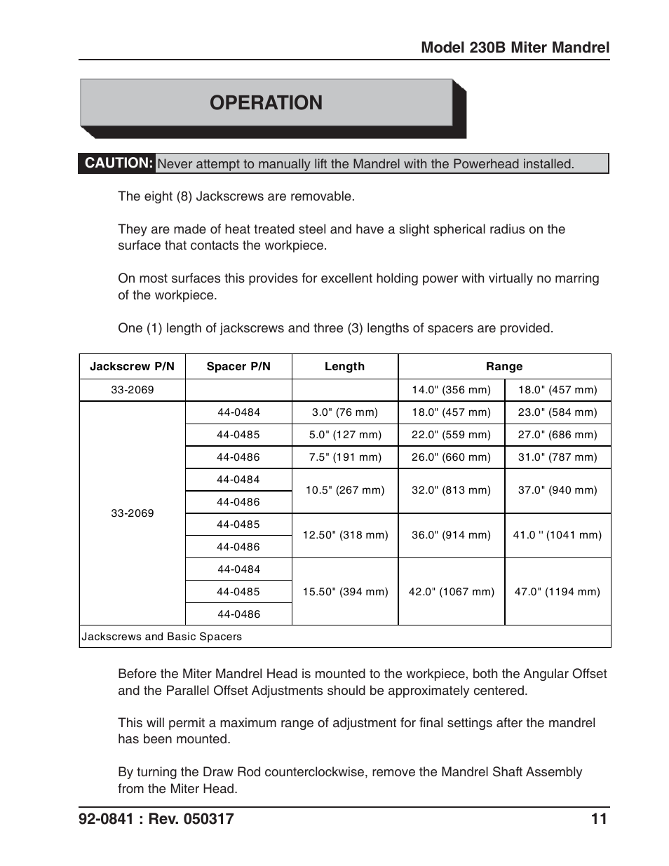 Operation, Caution | Tri Tool 230B Miter Mandrel User Manual | Page 11 / 25