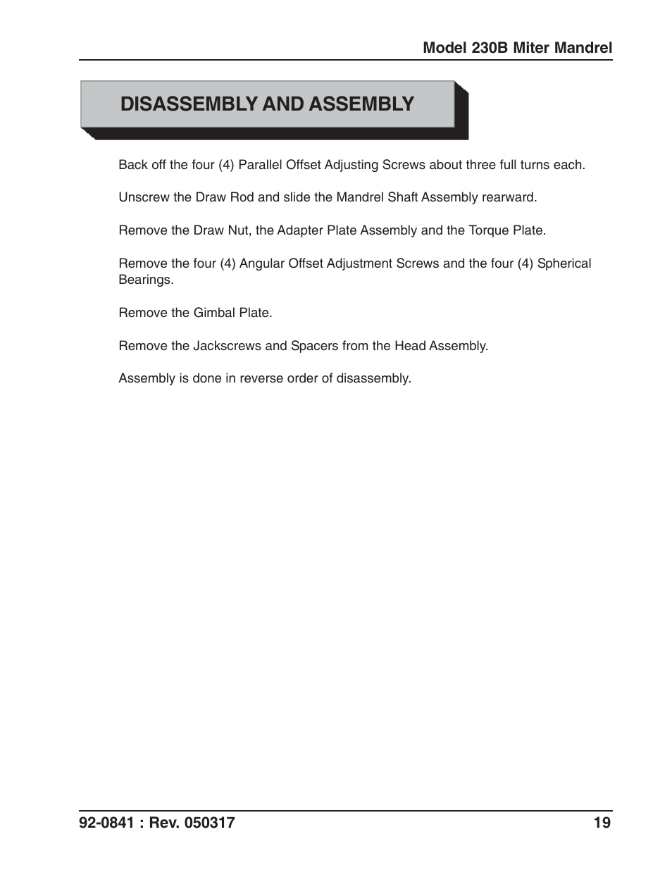 Disassembly and assembly | Tri Tool 230B Miter Mandrel User Manual | Page 19 / 25