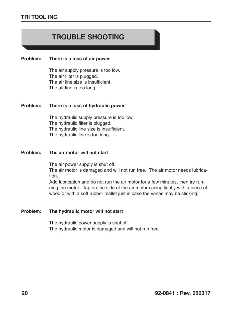 Trouble shooting | Tri Tool 230B Miter Mandrel User Manual | Page 20 / 25