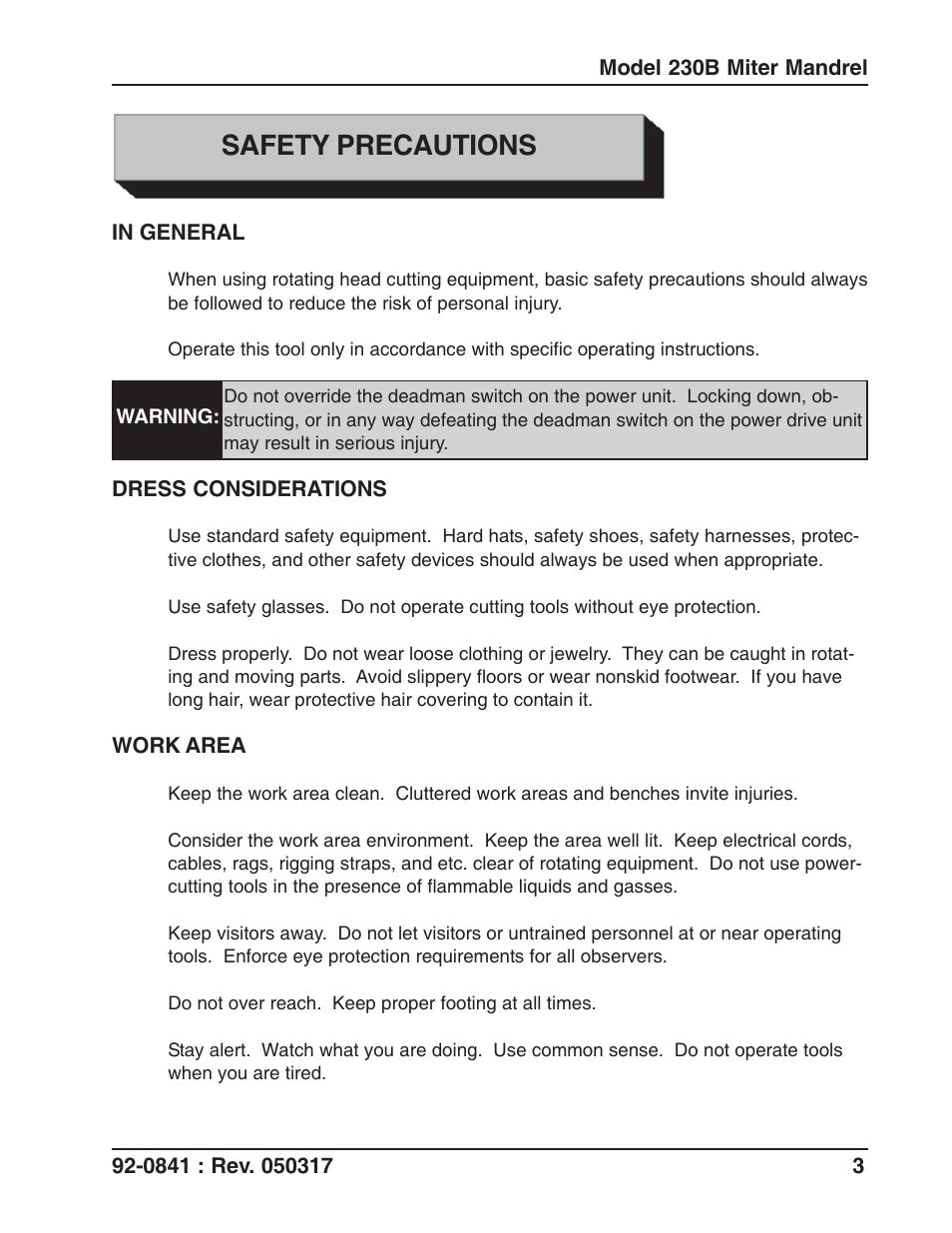 Safety precautions | Tri Tool 230B Miter Mandrel User Manual | Page 3 / 25