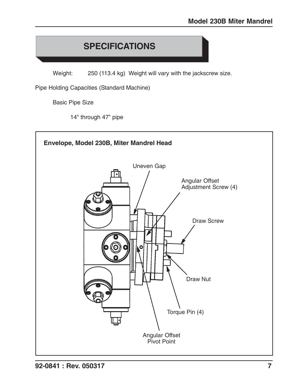 Specifications | Tri Tool 230B Miter Mandrel User Manual | Page 7 / 25