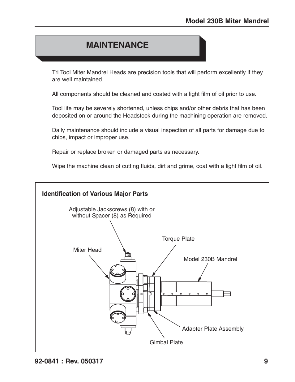 Maintenance | Tri Tool 230B Miter Mandrel User Manual | Page 9 / 25