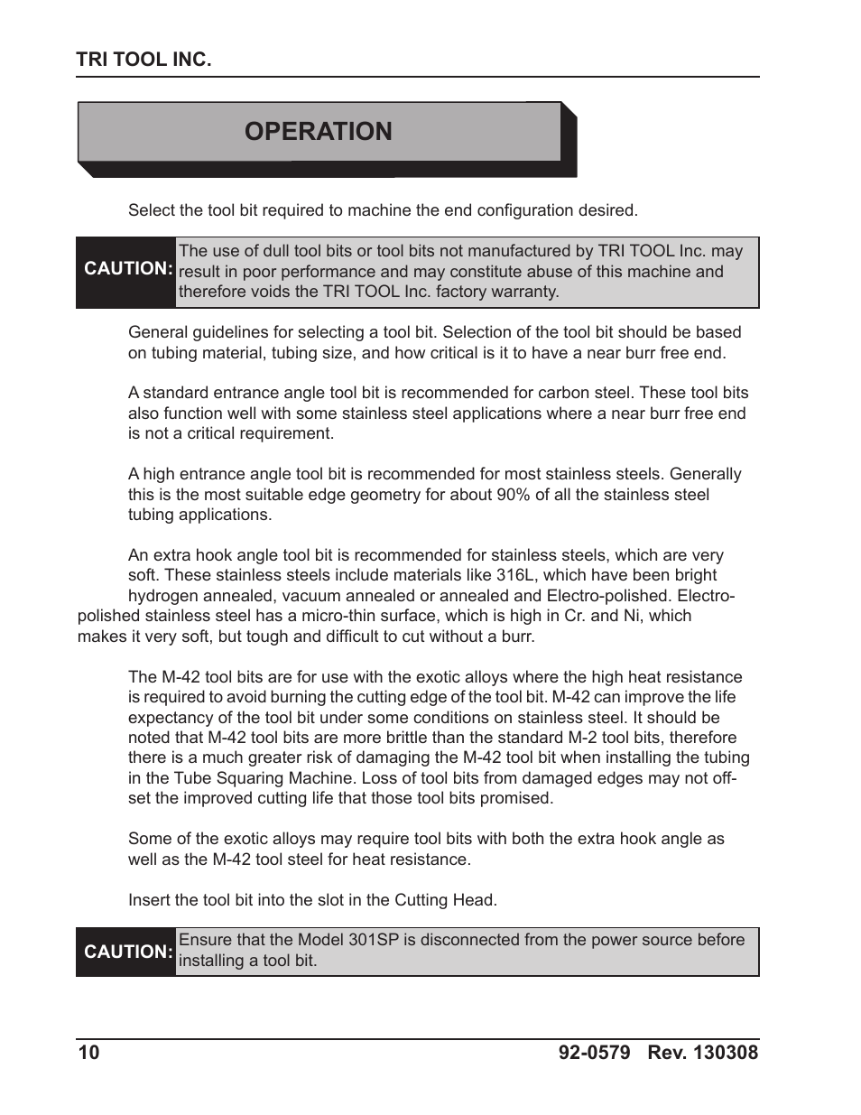 Operation | Tri Tool 301SP Tube Squaring User Manual | Page 10 / 35