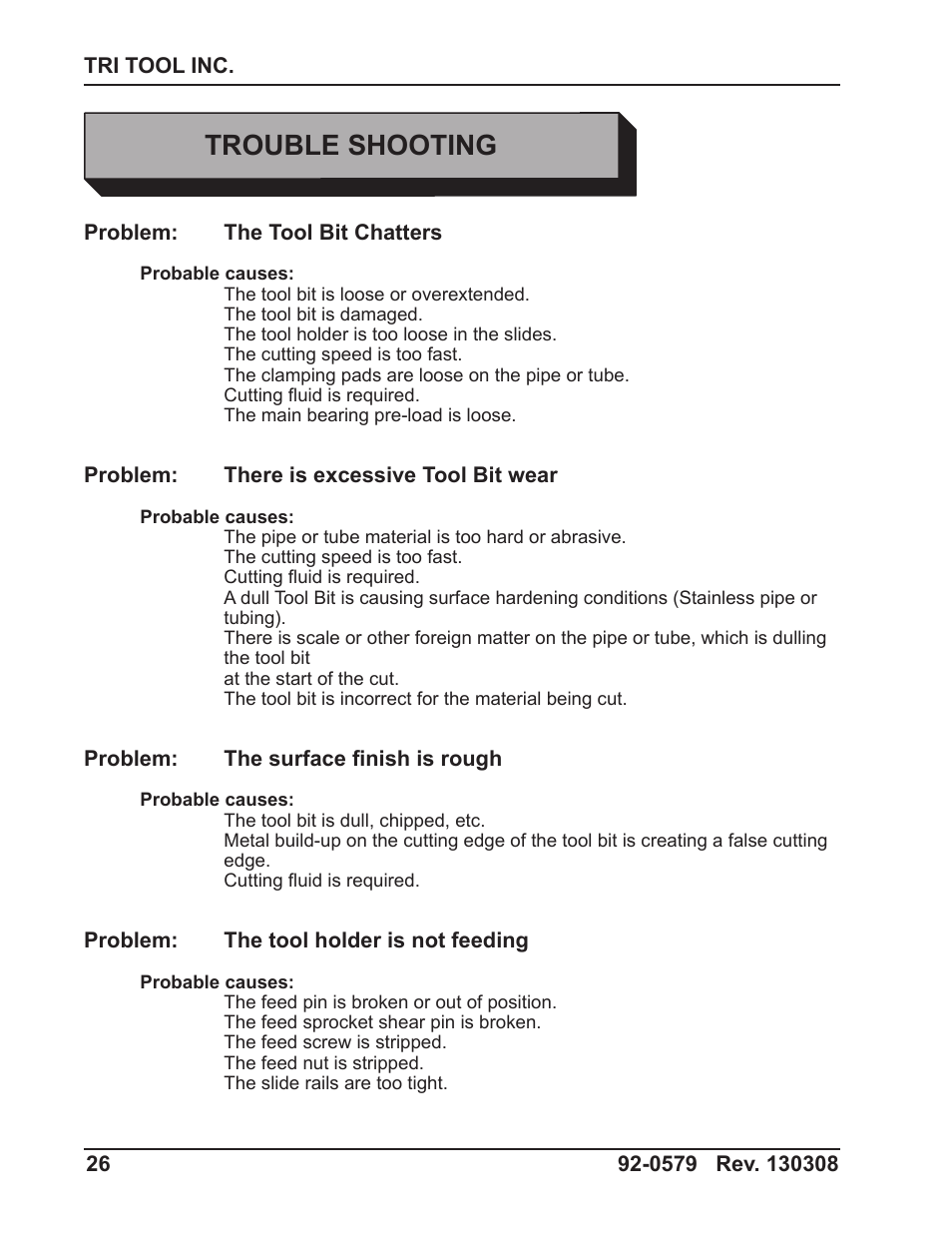 Trouble shooting | Tri Tool 301SP Tube Squaring User Manual | Page 26 / 35