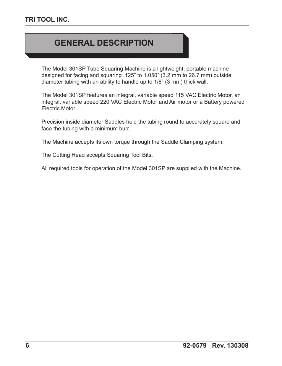General description | Tri Tool 301SP Tube Squaring User Manual | Page 6 / 35
