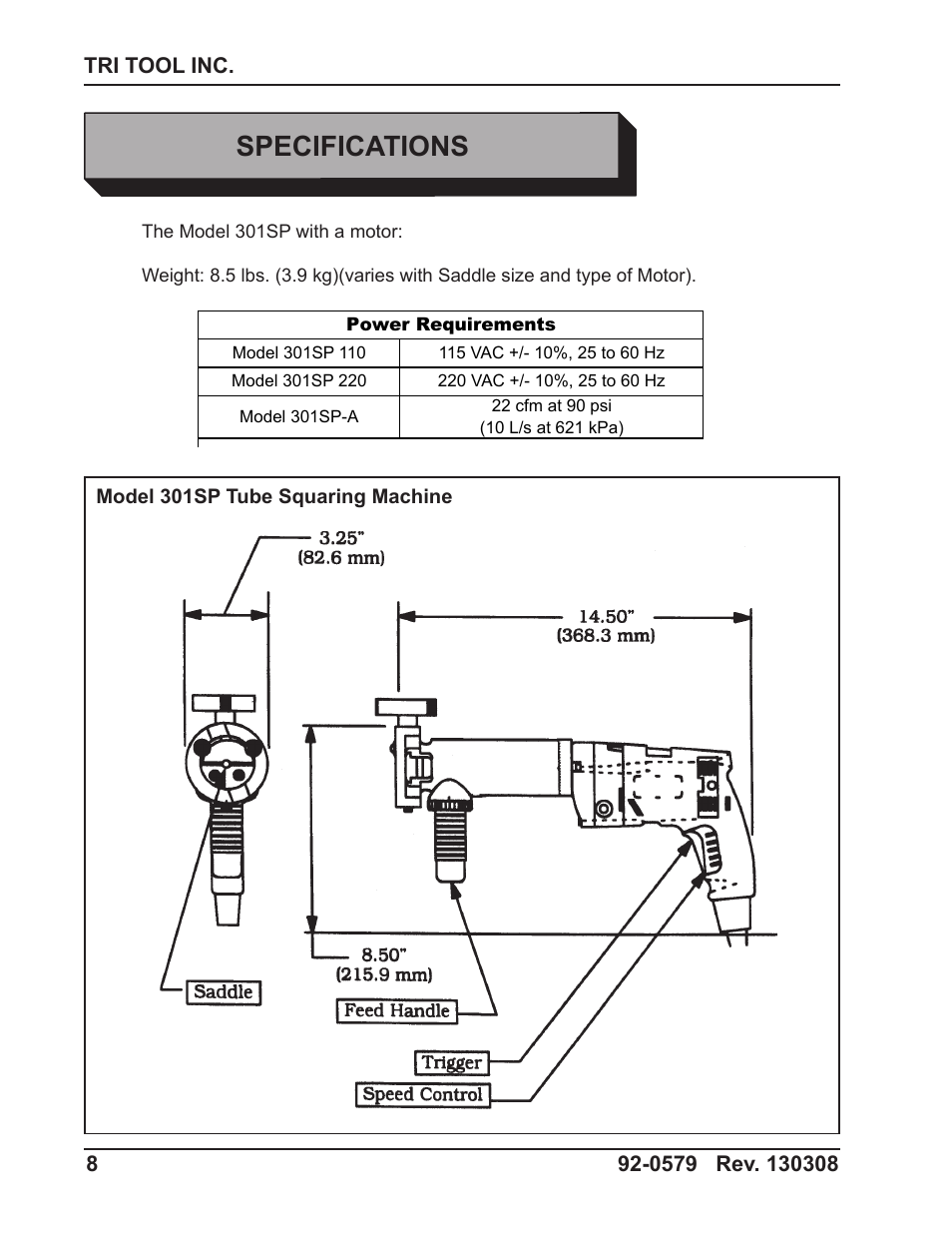 Specifications | Tri Tool 301SP Tube Squaring User Manual | Page 8 / 35