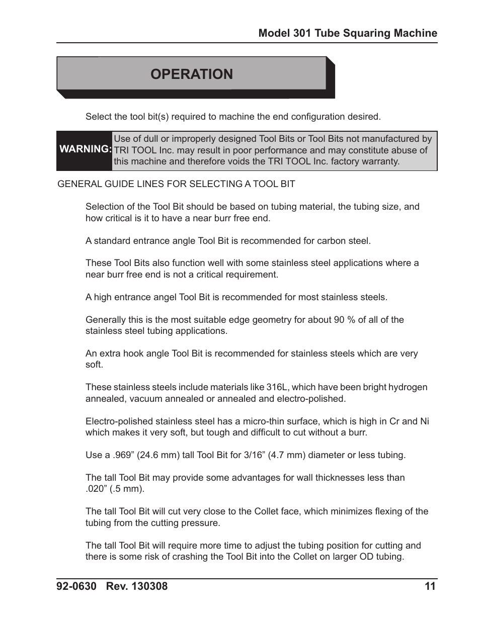 Operation | Tri Tool 301 Tube Squaring User Manual | Page 11 / 40