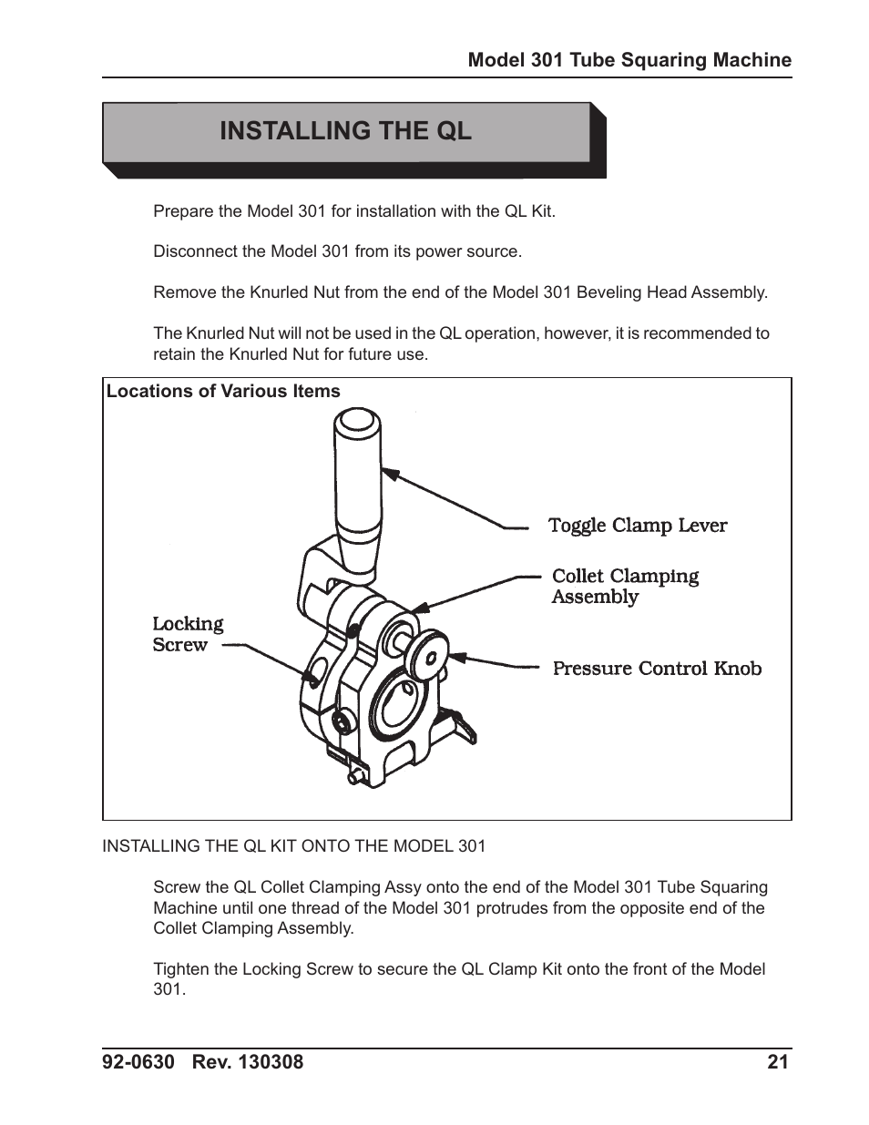Installing the ql | Tri Tool 301 Tube Squaring User Manual | Page 21 / 40