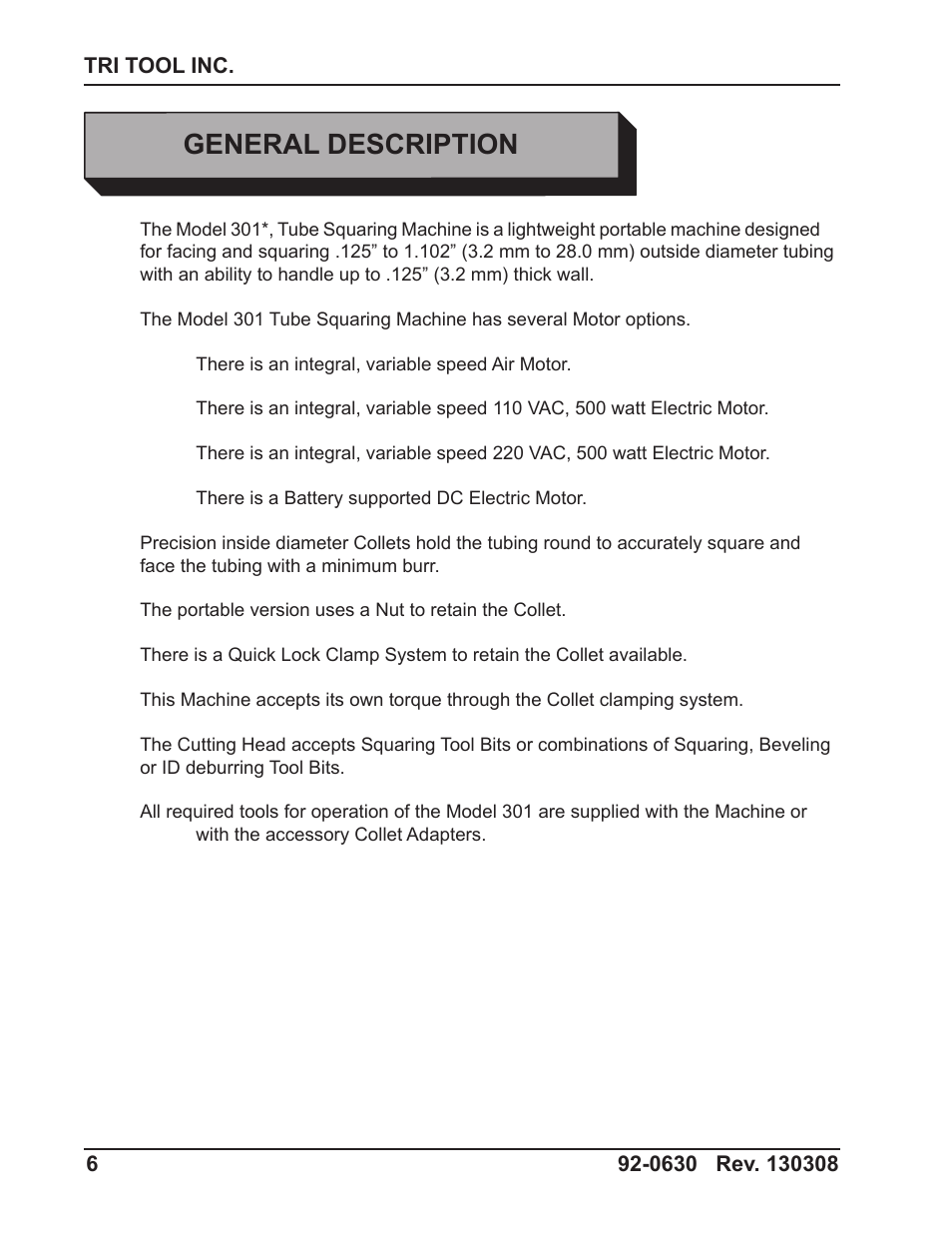 General description | Tri Tool 301 Tube Squaring User Manual | Page 6 / 40