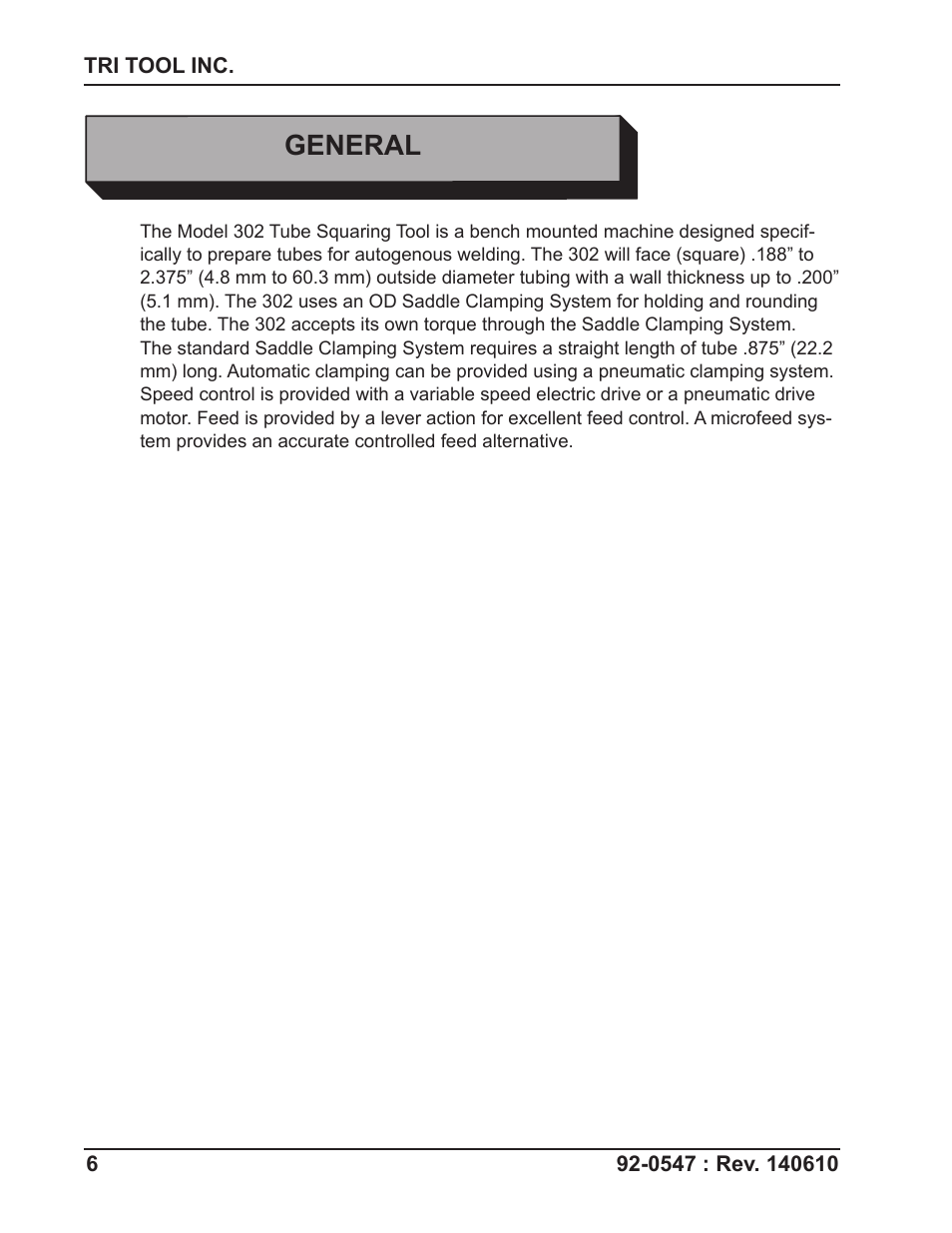 General | Tri Tool 302 Tube Squaring User Manual | Page 6 / 31