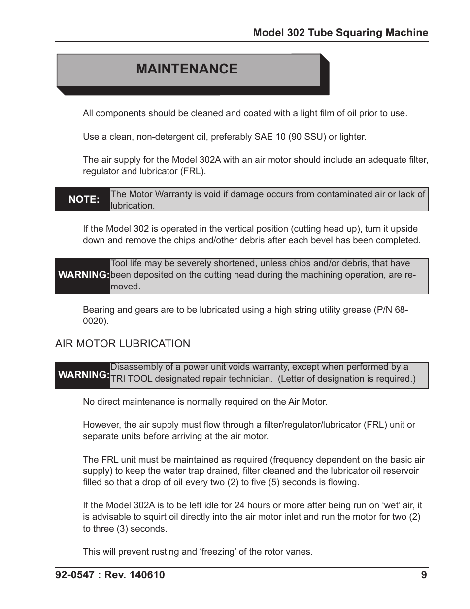Maintenance | Tri Tool 302 Tube Squaring User Manual | Page 9 / 31