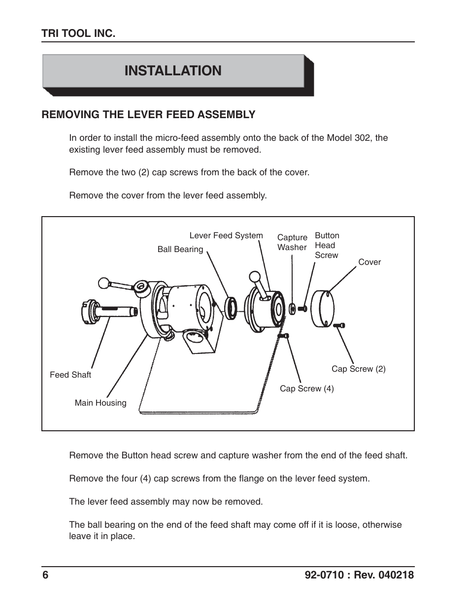 Installation | Tri Tool 302 Tube Squaring Micro Feed Assembly User Manual | Page 6 / 11