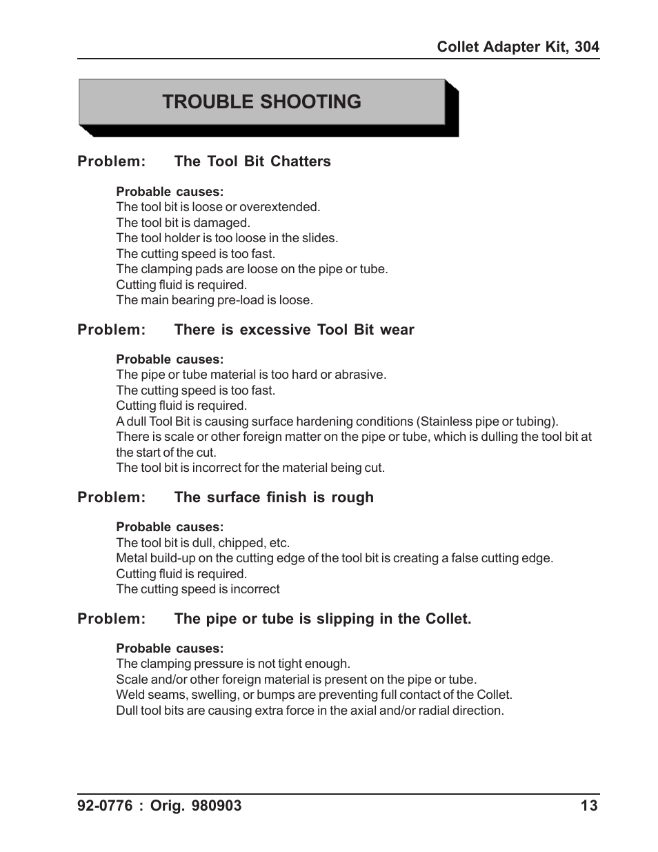 Trouble shooting | Tri Tool 304 Collet Adapter Kit User Manual | Page 13 / 16