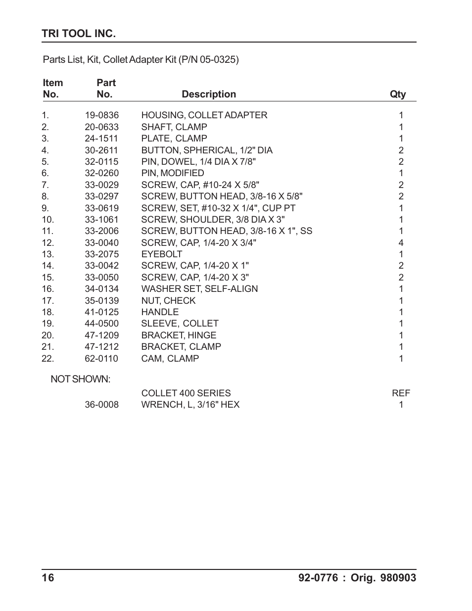 Tri Tool 304 Collet Adapter Kit User Manual | Page 16 / 16
