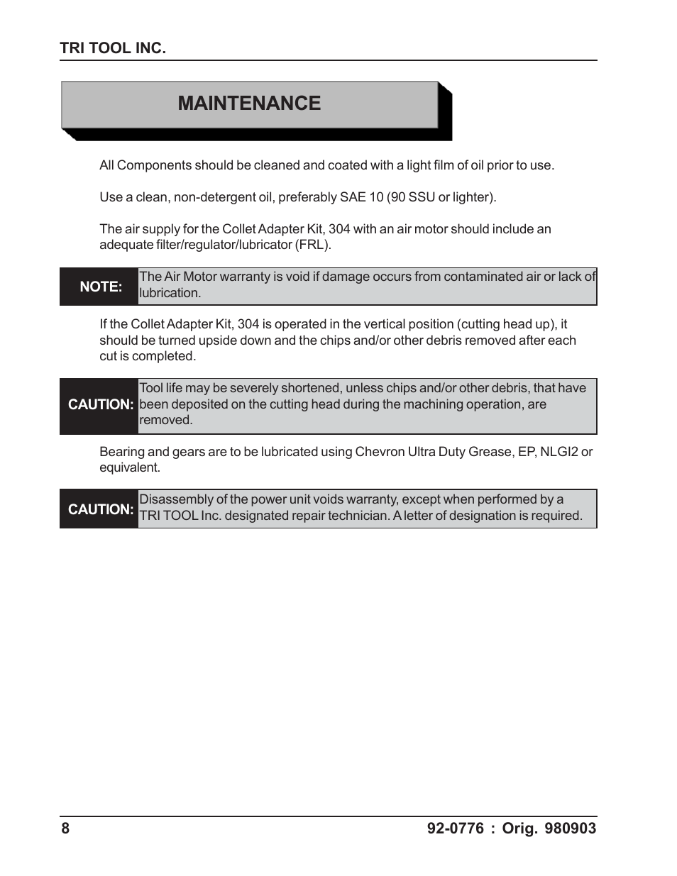 Maintenance | Tri Tool 304 Collet Adapter Kit User Manual | Page 8 / 16