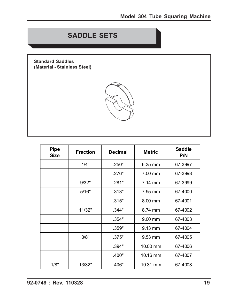 Saddle sets | Tri Tool 304 Tube Squaring User Manual | Page 19 / 36