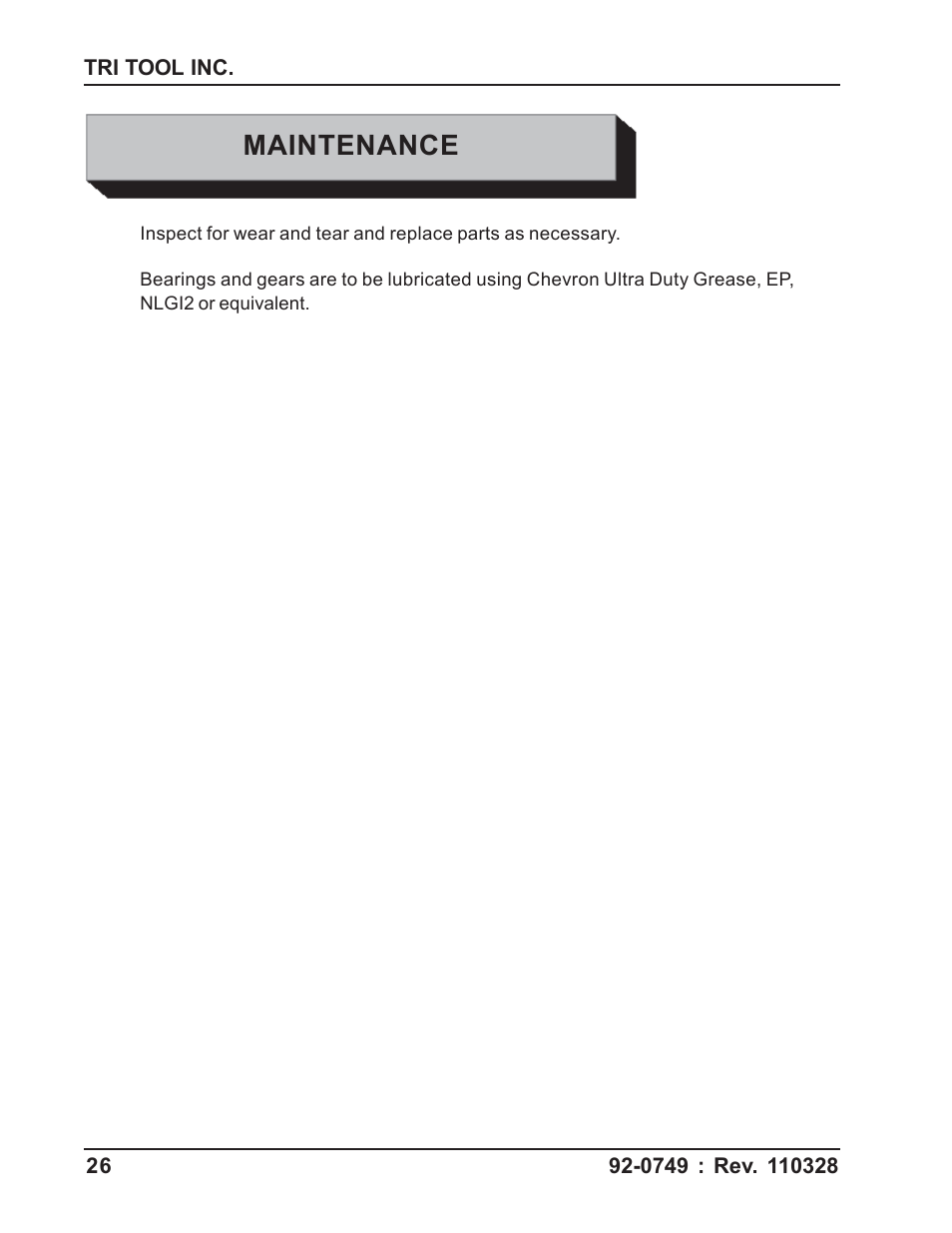 Maintenance | Tri Tool 304 Tube Squaring User Manual | Page 26 / 36