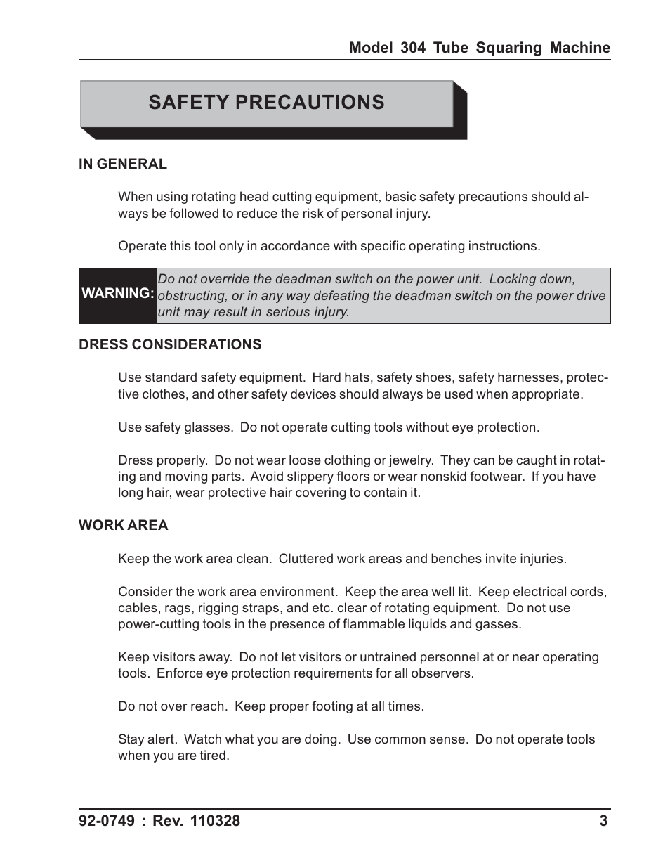 Safety precautions | Tri Tool 304 Tube Squaring User Manual | Page 3 / 36