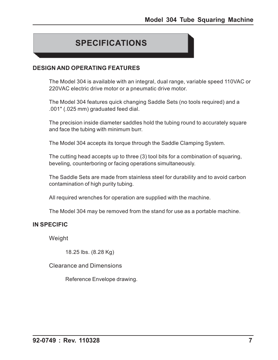 Specifications | Tri Tool 304 Tube Squaring User Manual | Page 7 / 36