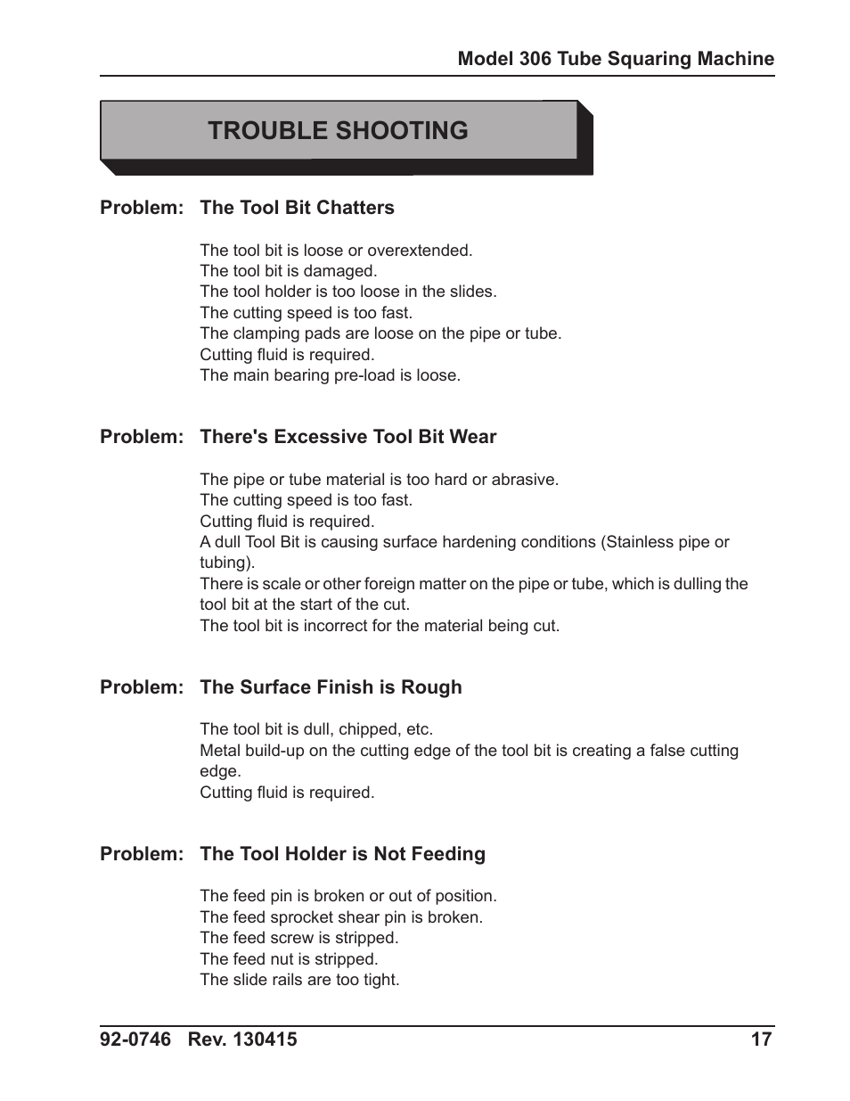 Trouble shooting | Tri Tool 306 Tube Squaring User Manual | Page 17 / 24