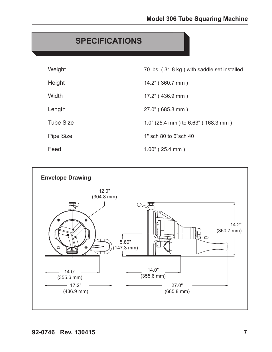 Specifications | Tri Tool 306 Tube Squaring User Manual | Page 7 / 24