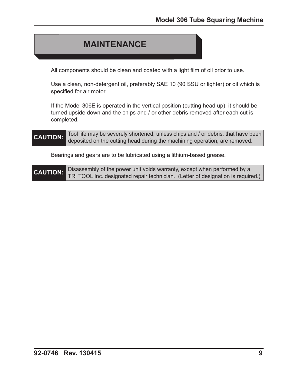 Maintenance | Tri Tool 306 Tube Squaring User Manual | Page 9 / 24