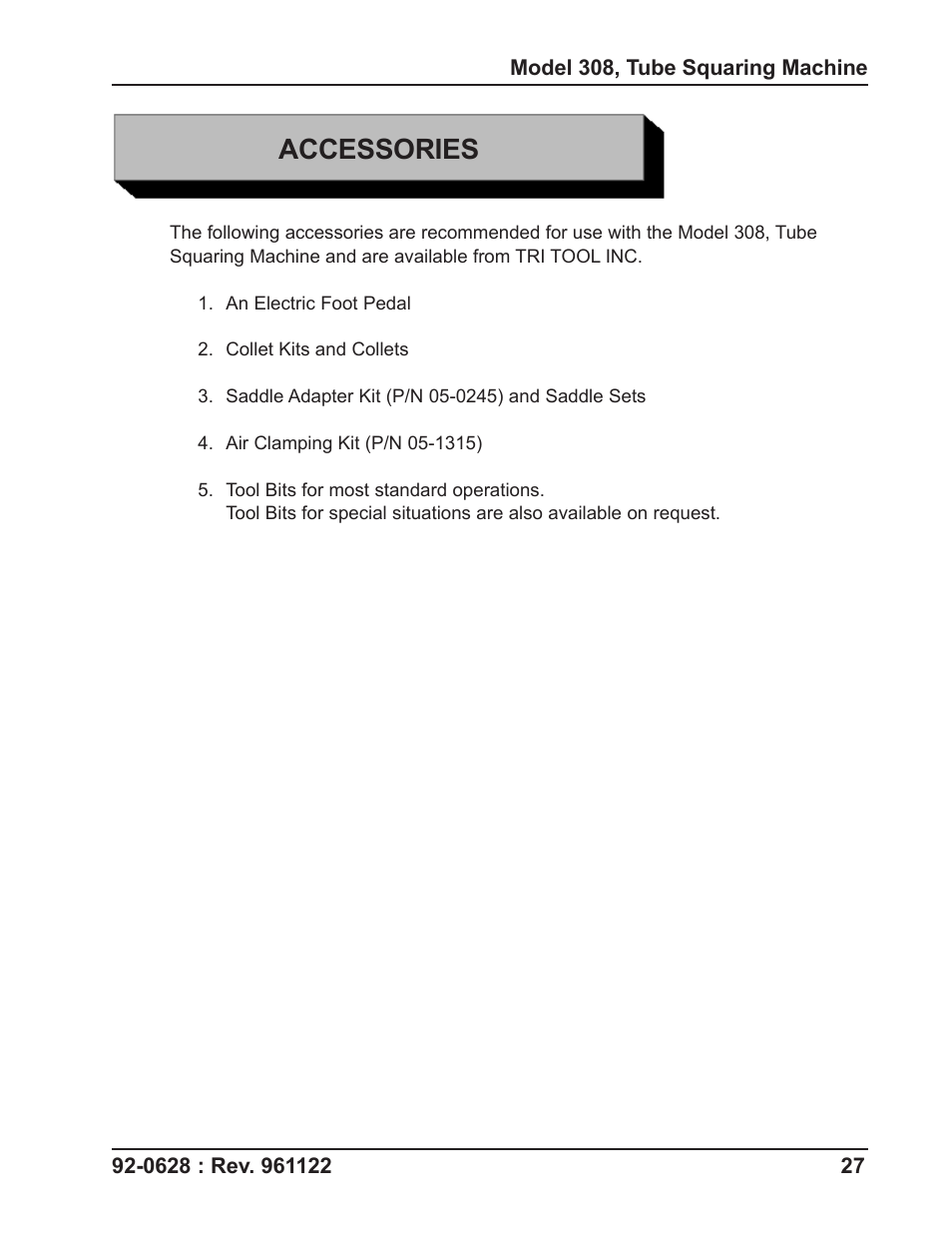 Accessories | Tri Tool 308 Tube Squaring User Manual | Page 27 / 35