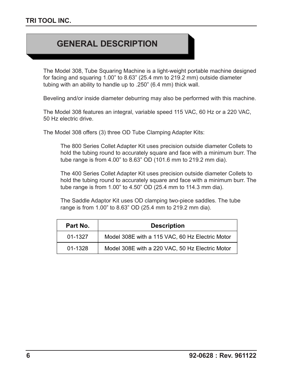 General description | Tri Tool 308 Tube Squaring User Manual | Page 6 / 35