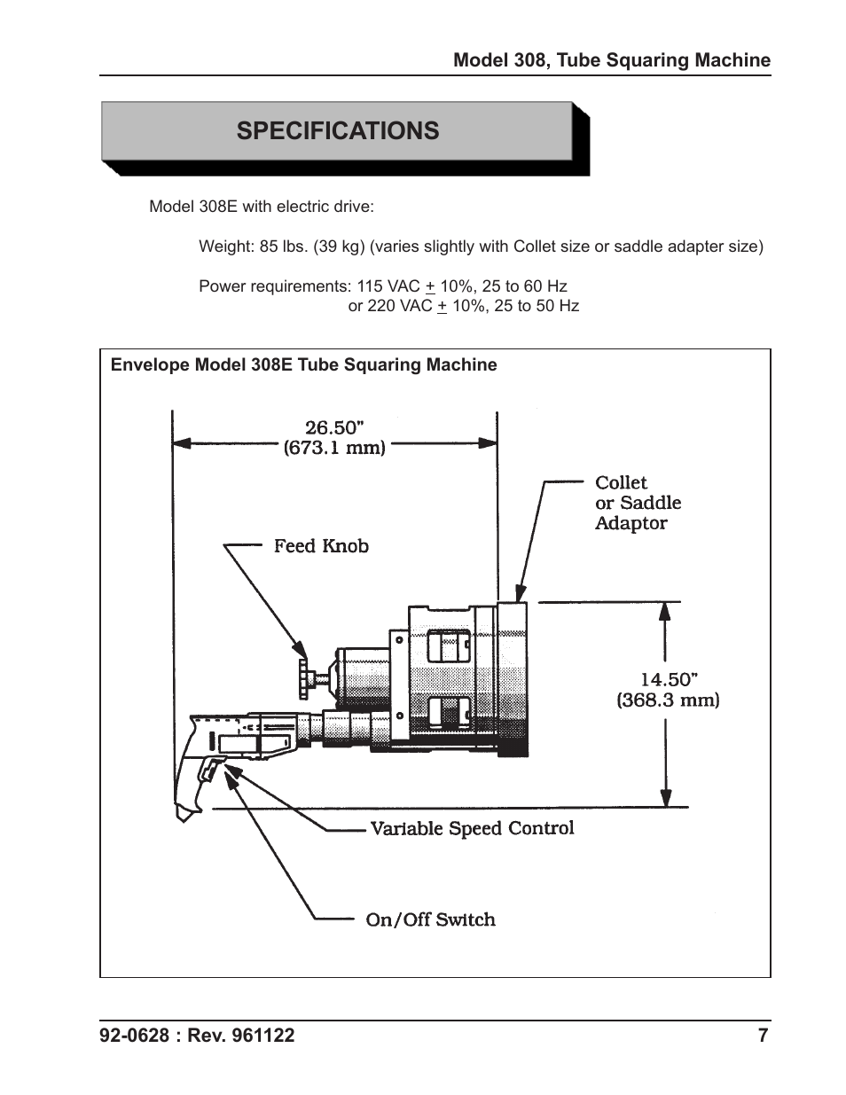 Specifications | Tri Tool 308 Tube Squaring User Manual | Page 7 / 35