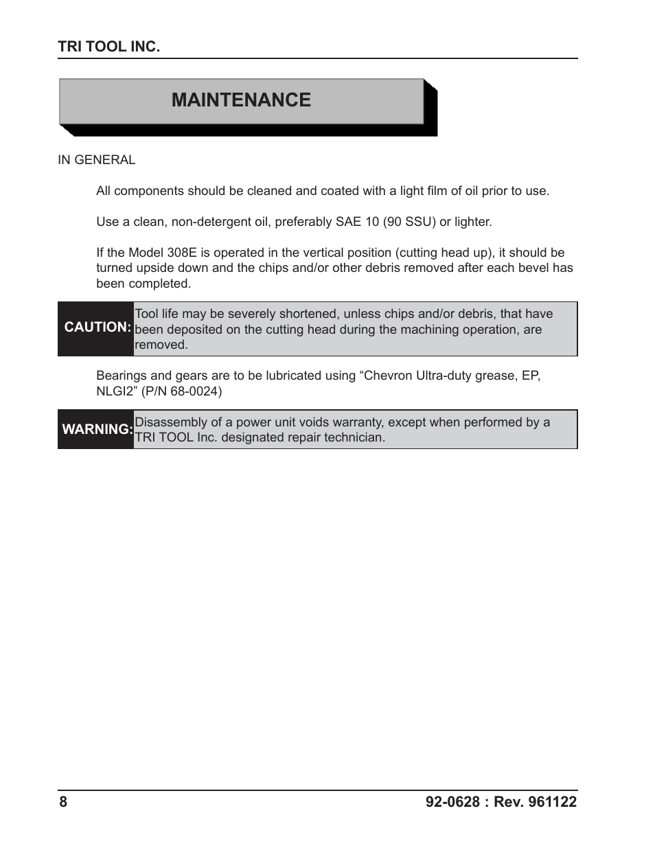 Maintenance | Tri Tool 308 Tube Squaring User Manual | Page 8 / 35