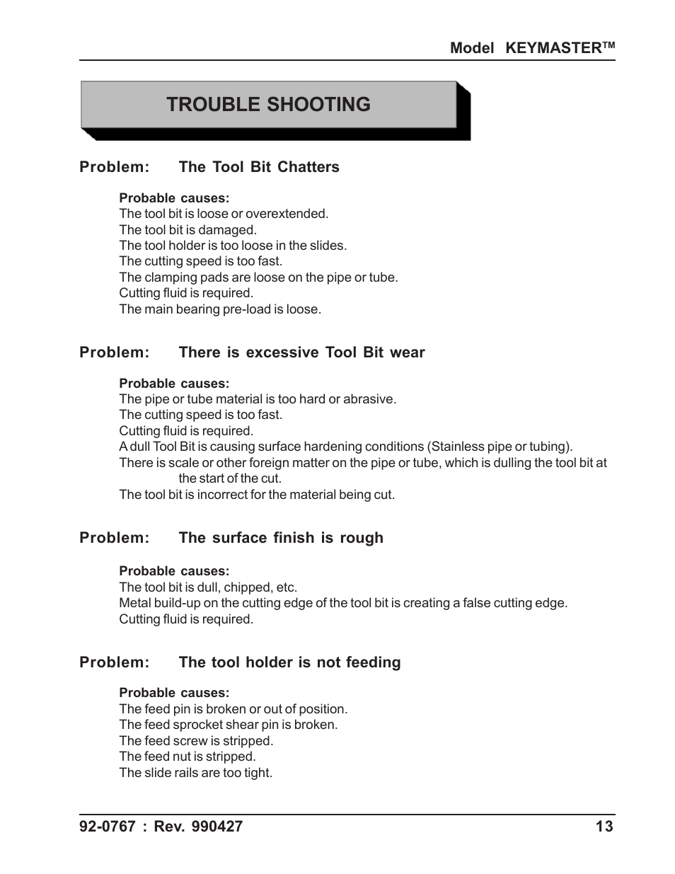 Trouble shooting | Tri Tool 404 & 424 Keymaster User Manual | Page 13 / 24