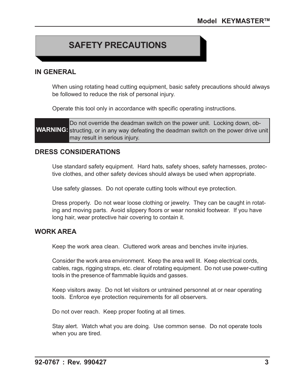 Safety precautions | Tri Tool 404 & 424 Keymaster User Manual | Page 3 / 24