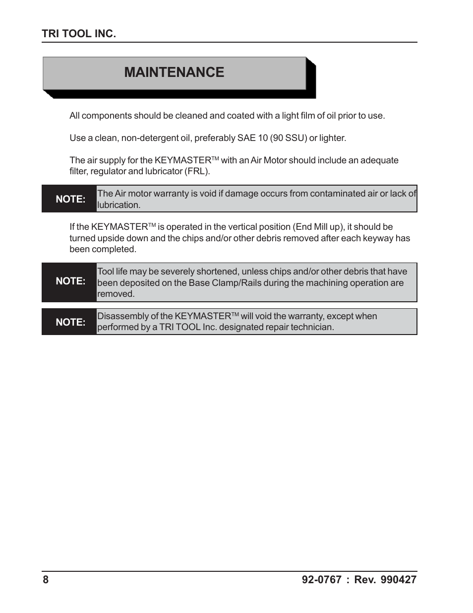 Maintenance | Tri Tool 404 & 424 Keymaster User Manual | Page 8 / 24