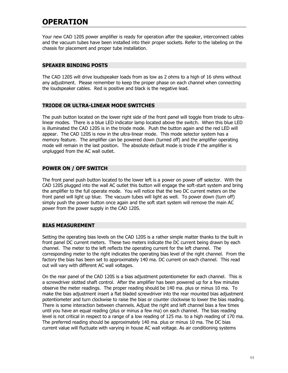 Operation | Cary Audio Design CAD 120S MKII User Manual | Page 12 / 18