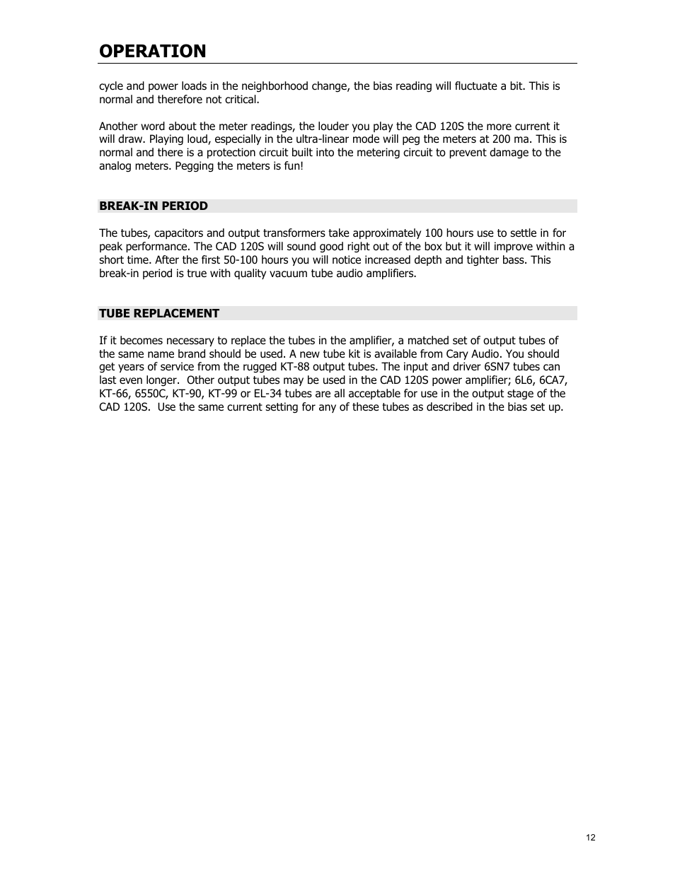 Operation | Cary Audio Design CAD 120S MKII User Manual | Page 13 / 18