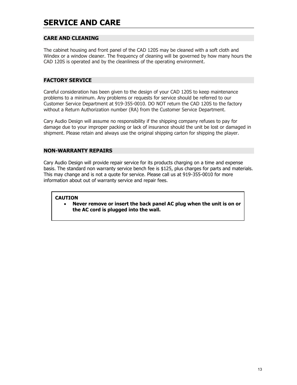 Service and care | Cary Audio Design CAD 120S MKII User Manual | Page 14 / 18