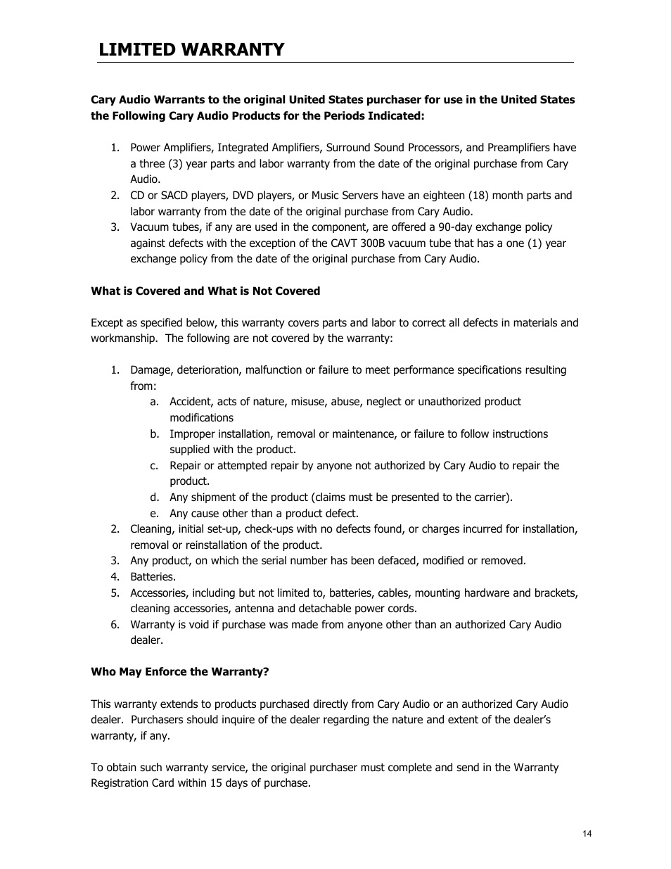 Limited warranty | Cary Audio Design CAD 120S MKII User Manual | Page 15 / 18