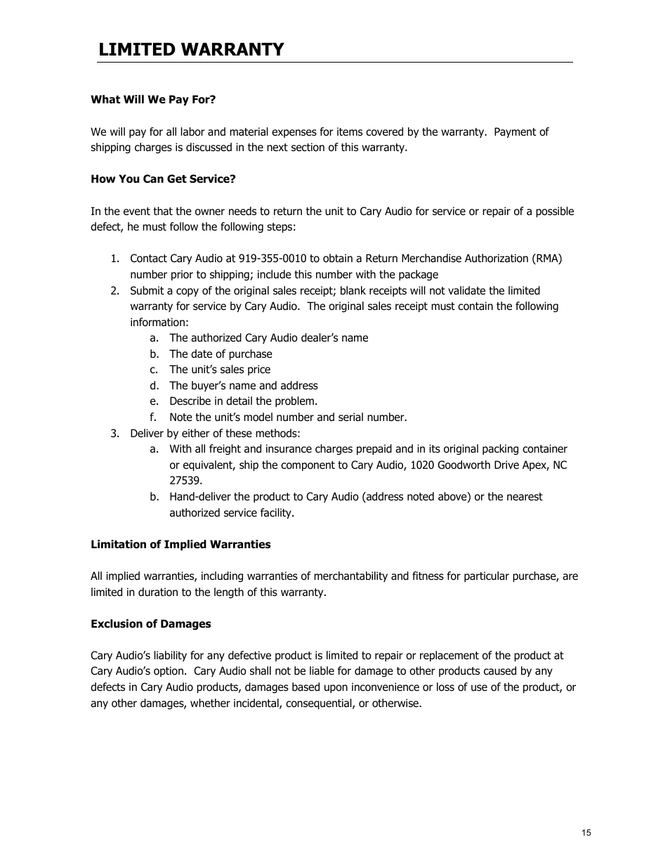 Limited warranty | Cary Audio Design CAD 120S MKII User Manual | Page 16 / 18