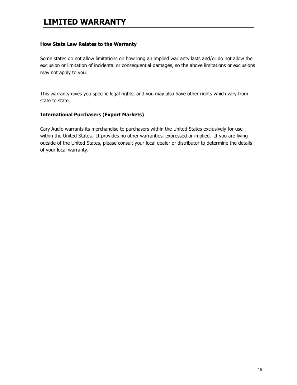 Limited warranty | Cary Audio Design CAD 120S MKII User Manual | Page 17 / 18