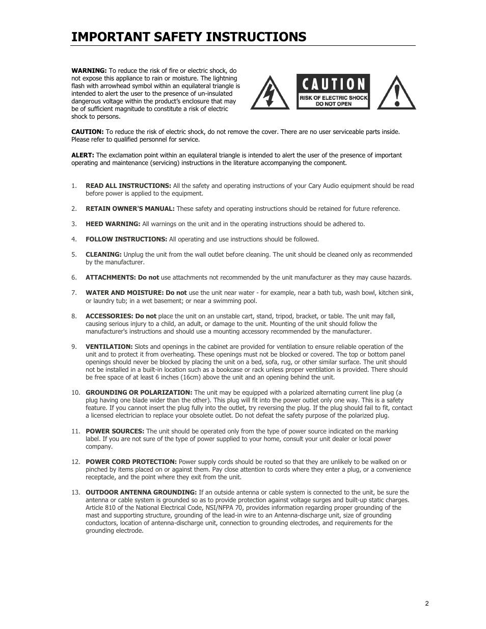 Important safety instructions | Cary Audio Design CAD 120S MKII User Manual | Page 3 / 18