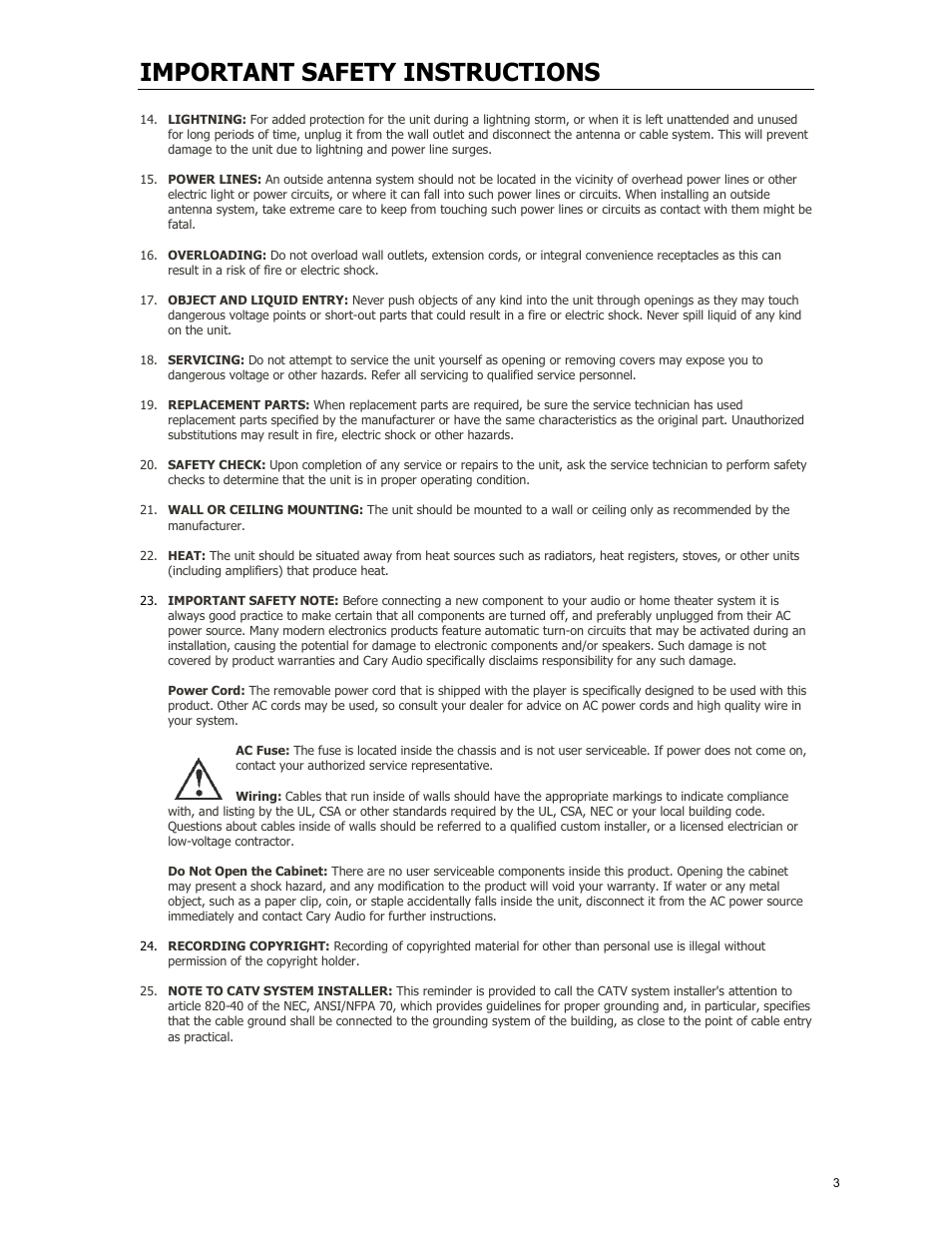Important safety instructions | Cary Audio Design CAD 120S MKII User Manual | Page 4 / 18