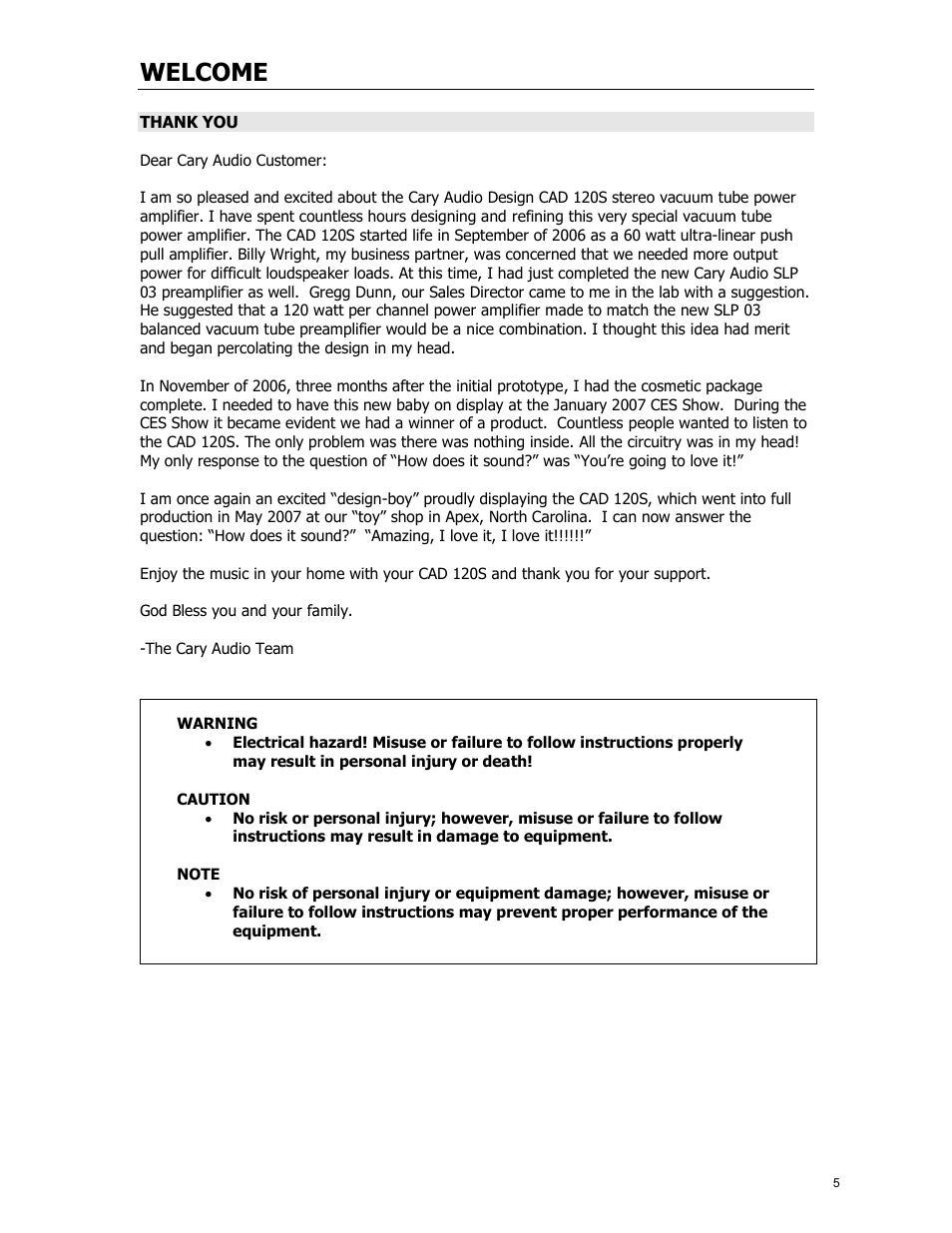 Welcome | Cary Audio Design CAD 120S MKII User Manual | Page 6 / 18