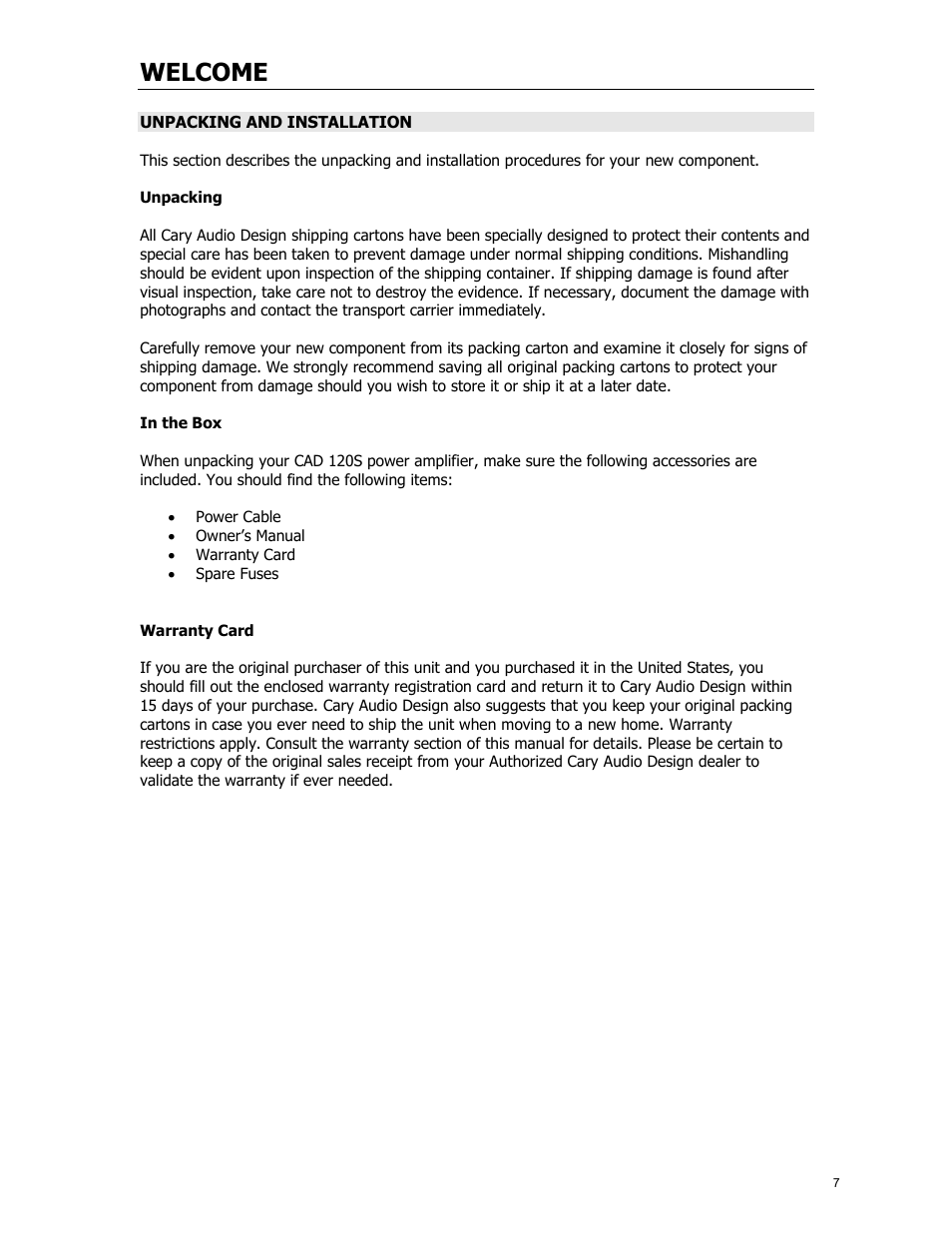 Welcome | Cary Audio Design CAD 120S MKII User Manual | Page 8 / 18