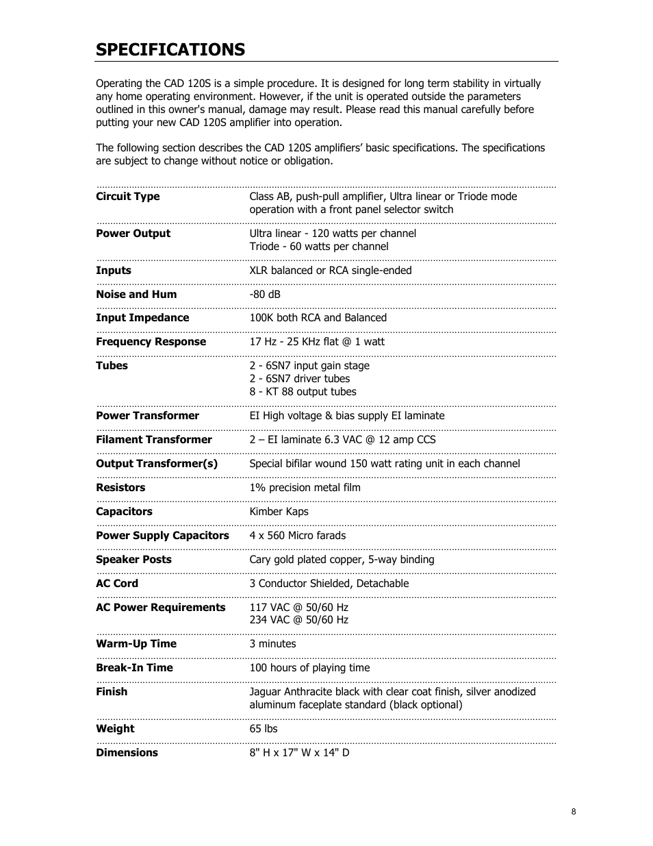 Specifications | Cary Audio Design CAD 120S MKII User Manual | Page 9 / 18
