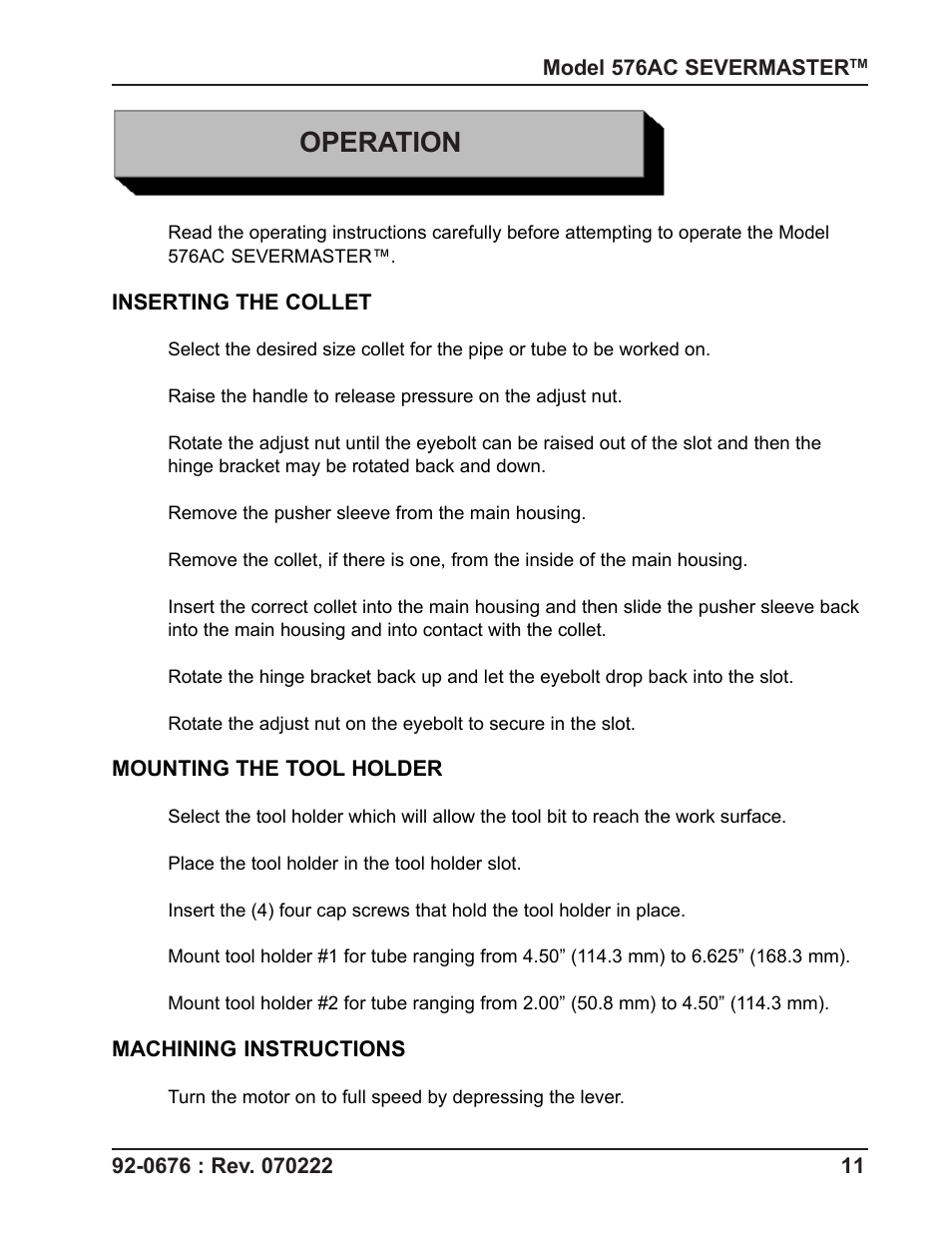 Operation | Tri Tool 576AC Sever Machine User Manual | Page 11 / 29