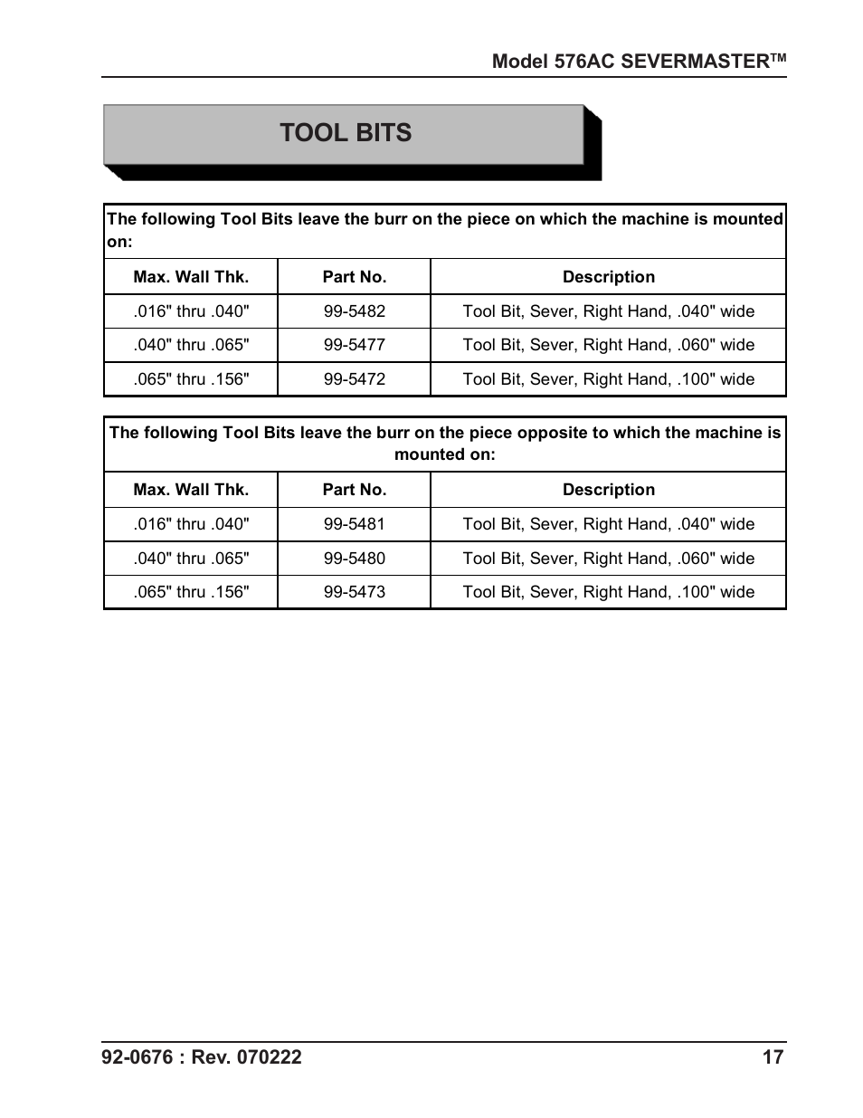 Tool bits | Tri Tool 576AC Sever Machine User Manual | Page 17 / 29
