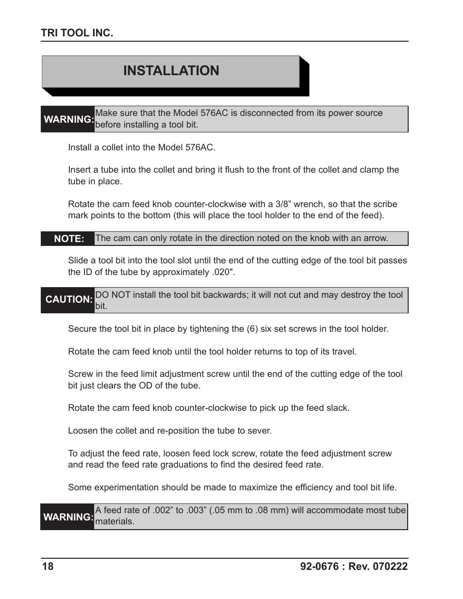 Installation | Tri Tool 576AC Sever Machine User Manual | Page 18 / 29