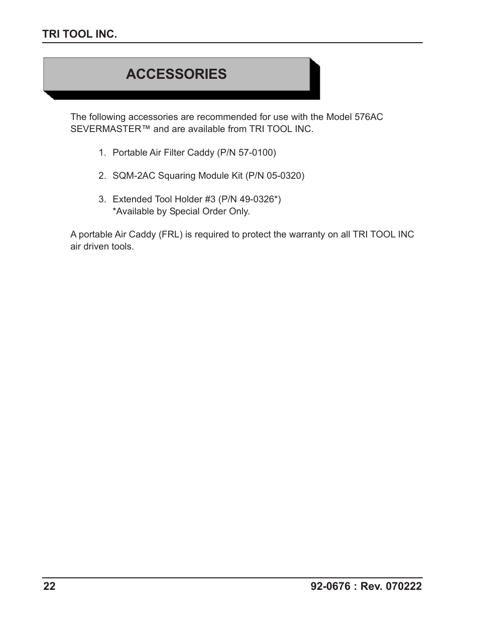 Accessories | Tri Tool 576AC Sever Machine User Manual | Page 22 / 29