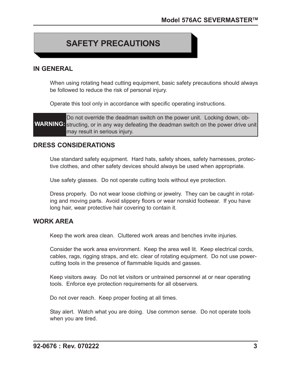 Safety precautions | Tri Tool 576AC Sever Machine User Manual | Page 3 / 29